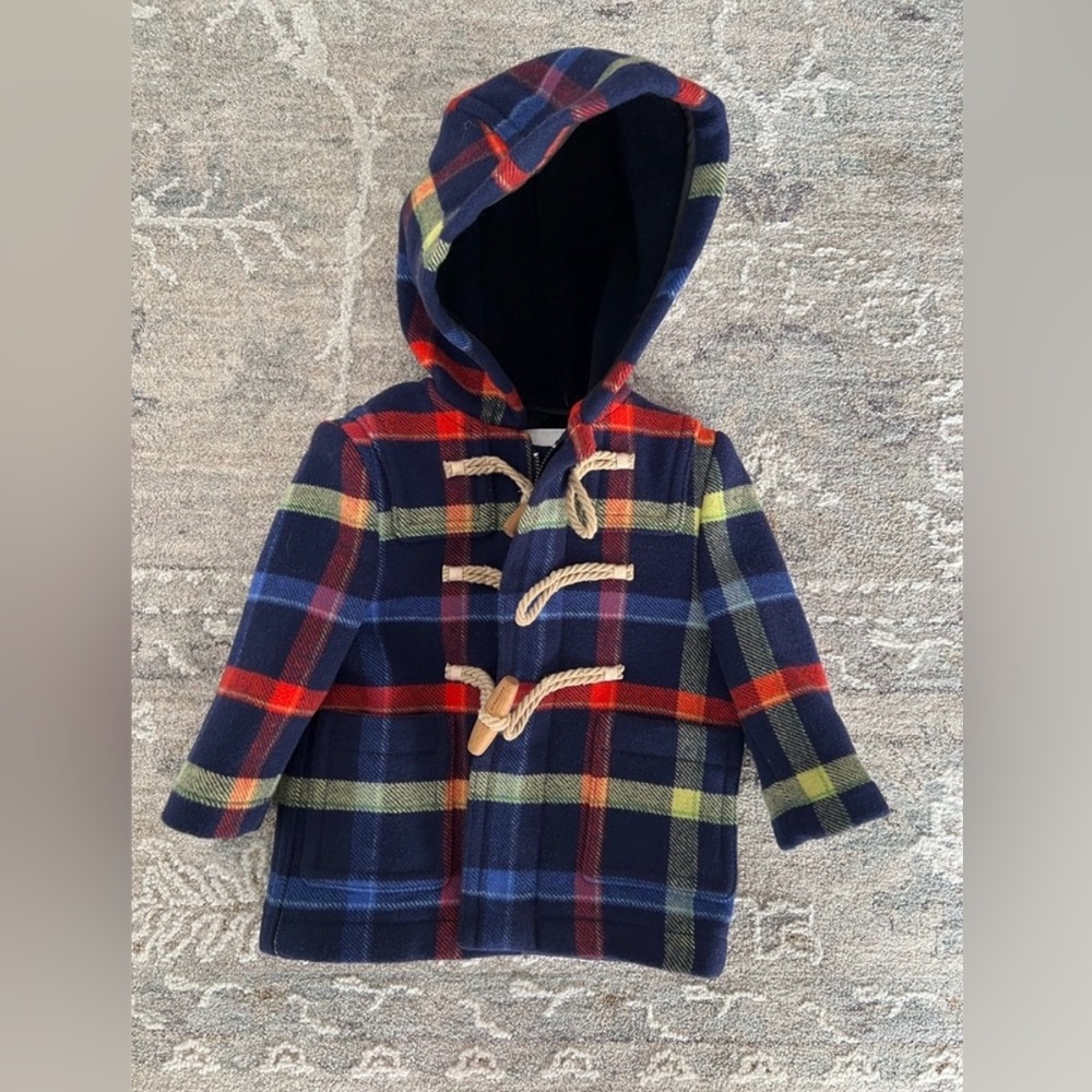 Burberry Kids Hooded Plaid Pea Coat - Navy, Red, Yellow